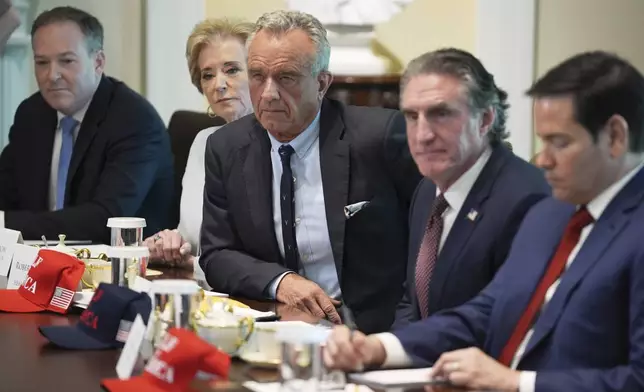 From left, EPA Administrator Lee Zeldin, Education Secretary Linda McMahon, Secretary of Health and Human Service Robert F. Kennedy, Jr., Interior Secretary Doug Burgum and Secretary of State Marco Rubio, listen during a cabinet meeting at the White House, Wednesday, April 30, 2025, in Washington. (AP Photo/Evan Vucci)