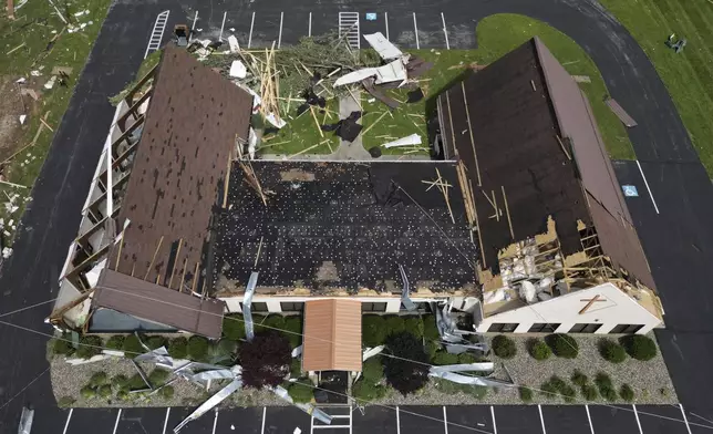 Redeemer Lutheran Church is damaged, Sunday, May 18, 2025, along Highway 27 in Somerset, Ky., after a severe storm passed through the area. (AP Photo/Carolyn Kaster)