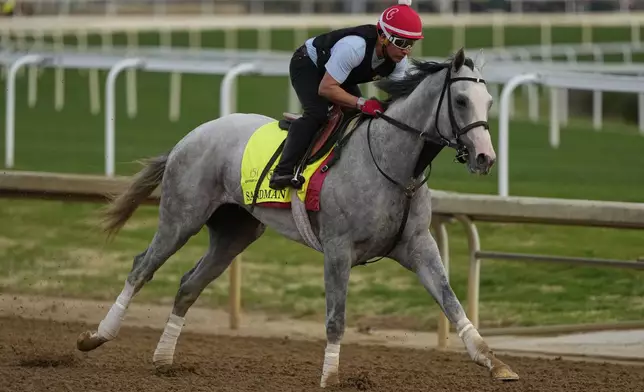 Kentucky Derby entrant Sandman works out at Churchill Downs Tuesday, April 29, 2025, in Louisville, Ky. (AP Photo/Charlie Riedel)