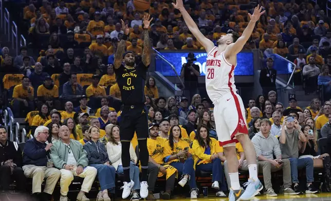 Golden State Warriors guard Gary Payton II (0) shoots a 3-point basket over Houston Rockets center Alperen Sengun (28) during the first half of Game 6 of an NBA basketball first-round playoff series Friday, May 2, 2025, in San Francisco. (AP Photo/Godofredo A. Vásquez)