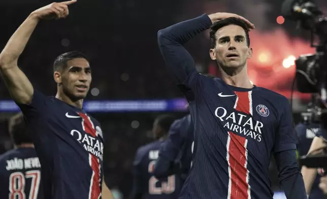 PSG's Fabian Ruiz, right, celebrates with team mate Achraf Hakimi after scoring his side's opening goal the Champions League semifinal, second leg soccer match between Paris Saint-Germain and Arsenal at the Parc des Princes in Paris, Wednesday, May 7, 2025. (AP Photo/Aurelien Morissard)