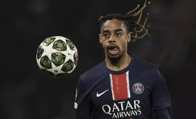 PSG's Bradley Barcola watches the ball during the Champions League semifinal, second leg soccer match between Paris Saint-Germain and Arsenal at the Parc des Princes in Paris, Wednesday, May 7, 2025. (AP Photo/Aurelien Morissard)