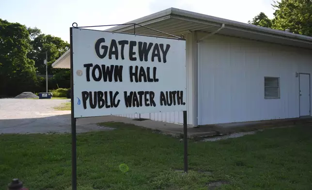 A sign can be seen outside Gateway Town Hall in Gateway, Ark. On May 28, 2026. (AP Photo/Nick Ingram)