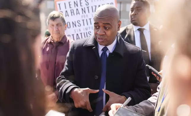 FILE - Newark mayor and gubernatorial candidate Ras Baraka speaks to reporters after a protest in front of of Delaney Hall, the proposed site of an immigrant detention center, in Newark, N.J., March 11, 2025. (AP Photo/Seth Wenig, File)