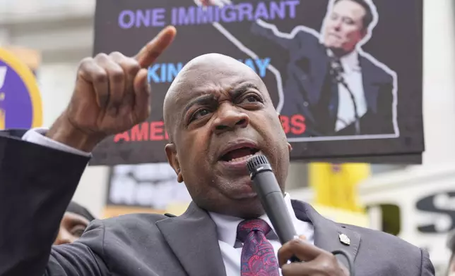 Mayor Ras Baraka speaks to supporters and media after a court appearance in Newark, N.J., Thursday, May 15, 2025. (AP Photo/Seth Wenig)