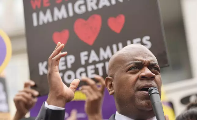 Mayor Ras Baraka speaks to supporters and media after a court appearance in Newark, N.J., Thursday, May 15, 2025. (AP Photo/Seth Wenig)
