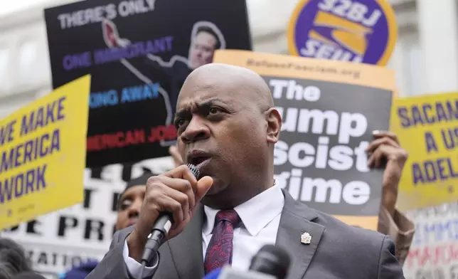 Mayor Ras Baraka speaks to supporters and media after a court appearance in Newark, N.J., Thursday, May 15, 2025. (AP Photo/Seth Wenig)