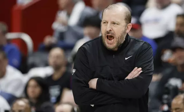 New York Knicks head coach Tom Thibodeau shouts at an official during the second half of Game 6 of an NBA basketball first-round playoff series against the Detroit Pistons, Thursday, May 1, 2025, in Detroit. (AP Photo/Duane Burleson)