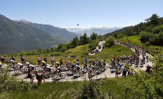 The pack pedals during stage 19 of the Giro d'Italia cycling race, from Biella to Champoluc, Italy, Friday, May 30, 2025. (Fabio Ferrari/LaPresse via AP)
