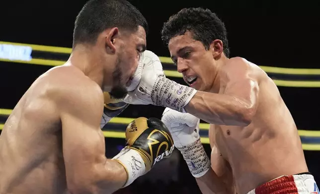 Rafael Espinoza hits Edward Vazquez in a featherweight title boxing match Sunday, May 4, 2025, in Las Vegas. (AP Photo/John Locher)