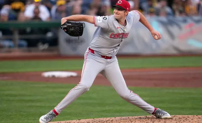 Cincinnati Reds pitcher Nick Lodolo delivers during the first inning of a baseball game against the Pittsburgh Pirates in Pittsburgh, Monday, May 19, 2025. (AP Photo/Gene J. Puskar)