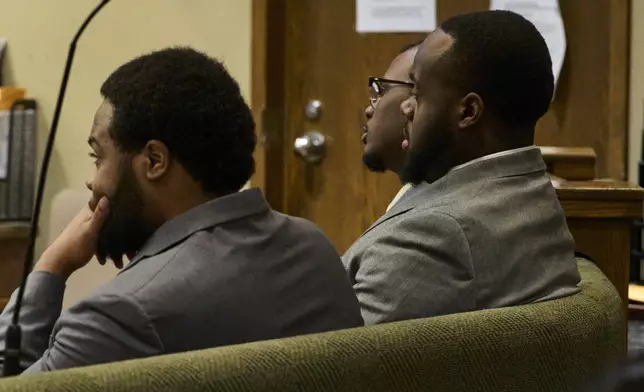 Demetrius Haley, left, Tadarrius Bean, and Justin Smith, Jr., rear, three former Memphis Police Department officers charged with fatally beating Tyre Nichols in 2023, sit in the courtroom during their trial, Tuesday, May 6, 2025, in Memphis, Tenn. (AP Photo/George Walker IV, Pool)