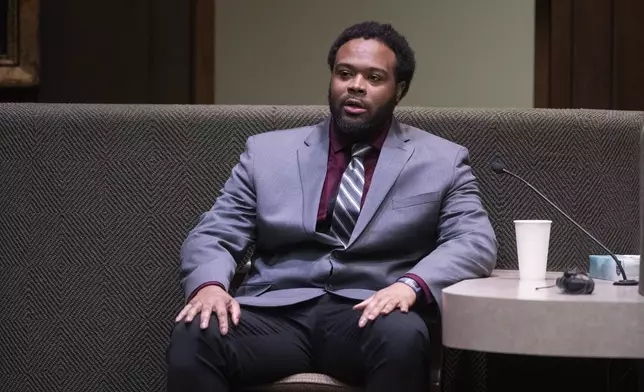 Former Memphis Police Department officer Demetrius Haley, one of three former officers charged with fatally beating Tyre Nichols in 2023, takes the stand to decline to testify on his own behalf during the sixth day of the trial, Saturday, May 3, 2025, in Memphis, Tenn. (Chris Day/The Commercial Appeal via AP, Pool)
