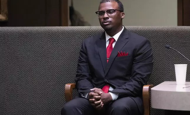 Former Memphis Police Department officer Justin Smith Jr., one of three former officers charged with fatally beating Tyre Nichols in 2023, takes the stand to decline to testify on his own behalf during the sixth day of the trial, Saturday, May 3, 2025, in Memphis, Tenn. (Chris Day/The Commercial Appeal via AP, Pool)