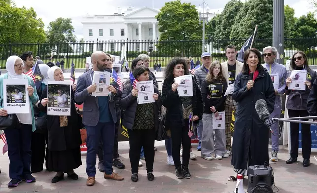 FILE - Diane Foley, right, mother of James Foley, who was kidnapped and beheaded by Islamic State militants in 2014 while reporting on the conflict in Syria, speaks outside the White House in Washington, Wednesday, May 3, 2023, asking the Biden administration to help free hostages and detainees. (AP Photo/Susan Walsh, File)
