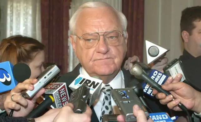 FILE - Gov. George Ryan speaks to the media following his address to an education summit held at the Executive Mansion in Springfield, Ill., Monday, Jan. 28, 2002. (AP Photo/Randy Squires, File)