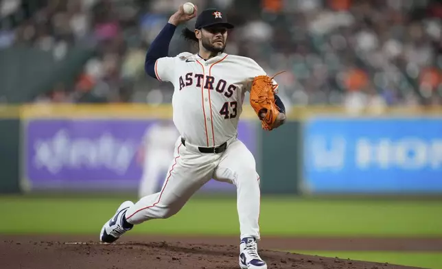 Houston Astros starting pitcher Lance McCullers Jr. throws during the second inning of a baseball game against the Houston Astros in Houston, Thursday, May 22, 2025. (AP Photo/Ashley Landis)