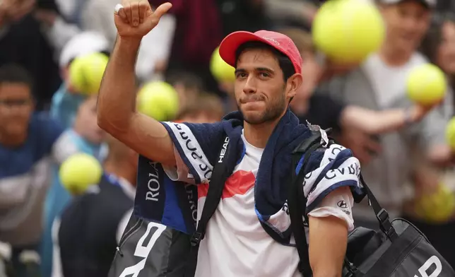 Portugal's Nuno Borges celebrates beating Norway's Casper Ruud during their second round match of the French Tennis Open, at the Roland-Garros stadium, in Paris, Wednesday, May 28, 2025. (AP Photo/Lindsey Wasson)