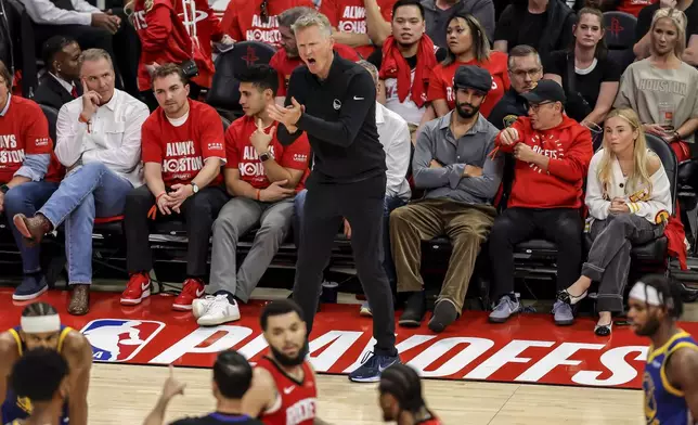 Warriors head coach Steve Kerr instructs his players in Game 5 of the First Round of the NBA Playoffs against Houston Rockets at Toyota Center in Houston, Texas on Wednesday, April 30, 2025. (Carlos Avila Gonzalez/San Francisco Chronicle via AP)