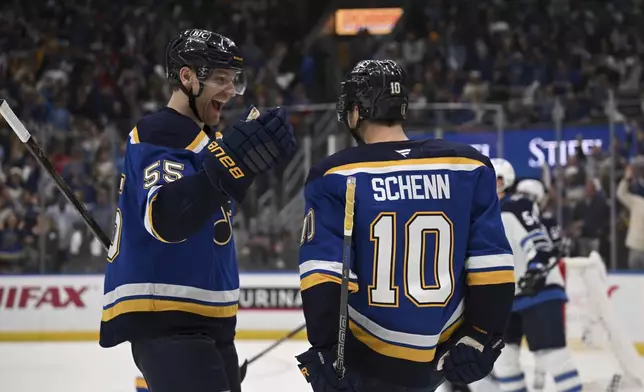 St. Louis Blues' Brayden Schenn (10) celebrates with Colton Parayko (55) after scoring against the Winnipeg Jets during the second period in Game 4 of an NHL hockey first-round playoff series Sunday, April 27, 2025, in St. Louis. (AP Photo/Connor Hamilton)