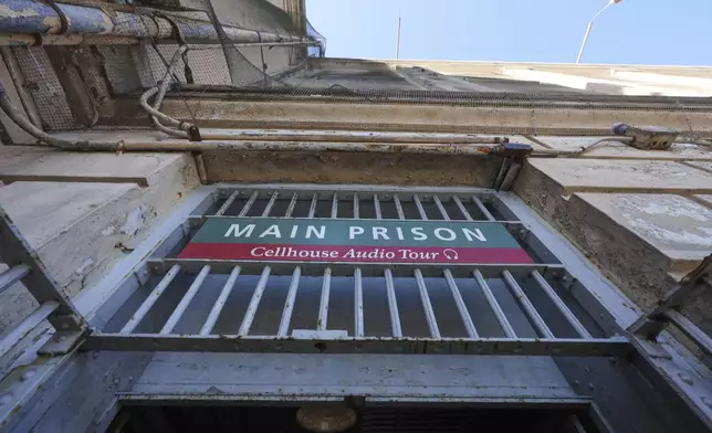 The entrance to the main prison on Alcatraz Island is shown Monday, May 5, 2025, in San Francisco. (AP Photo/Jed Jacobsohn)
