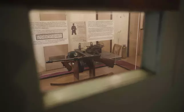 The Thompson Anti-Bandit Gun, used by correction officers in the prison, is displayed on Alcatraz Island Monday, May 5, 2025, in San Francisco. (AP Photo/Jed Jacobsohn)