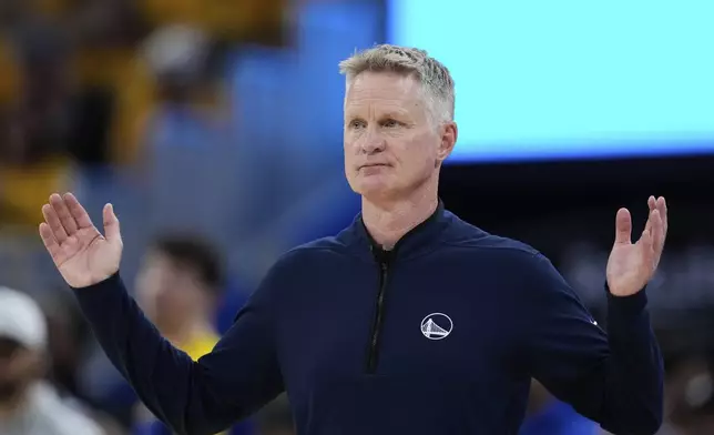 Golden State Warriors head coach Steve Kerr gestures during the first half of Game 3 of an NBA basketball second-round playoff series against the Minnesota Timberwolves, Saturday, May 10, 2025, in San Francisco. (AP Photo/Godofredo A. Vásquez)
