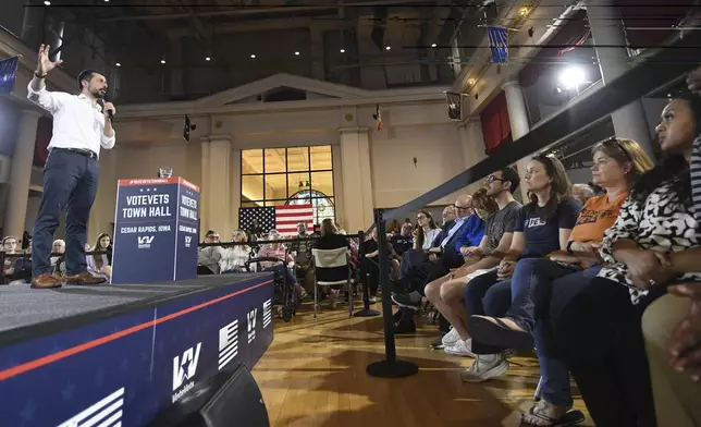 Former U.S. Secretary of Transportation Pete Buttigieg answers questions from the audience during a VoteVets Town Hall, Tuesday, May 13, 2025, in Cedar Rapids, Iowa. (AP Photo/Cliff Jette)