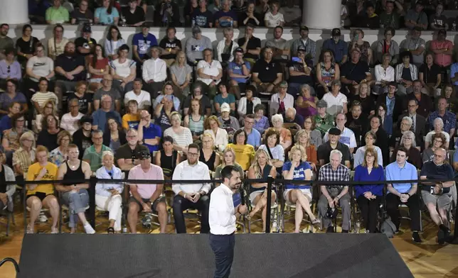 Former U.S. Secretary of Transportation Pete Buttigieg answers questions from the audience during a VoteVets Town Hall, Tuesday, May 13, 2025, in Cedar Rapids, Iowa. (AP Photo/Cliff Jette)