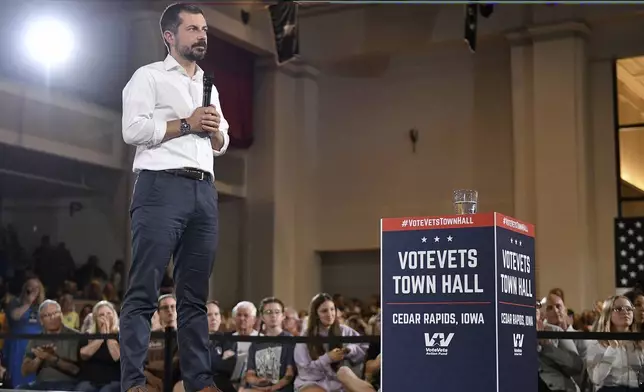 Former U.S. Secretary of Transportation Pete Buttigieg listens to a question from the audience during a VoteVets Town Hall, Tuesday, May 13, 2025, in Cedar Rapids, Iowa. (AP Photo/Cliff Jette)