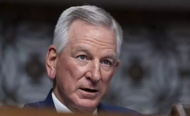 FILE - Senate Armed Services Committee member Sen. Tommy Tuberville, R-Ala., questions retired Air Force Lt. Gen. Dan "Razin" Caine during his confirmation hearing on his nomination to be promoted to general and chairman of the Joint Chiefs of Staff, April 1, 2025, in Washington. (AP Photo/Manuel Balce Ceneta, File)