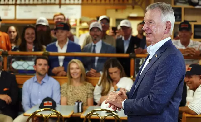 U.S. Sen. Tommy Tuberville, R-Ala., speaks to supporters about plans to run for the governor of Alabama in 2026, Tuesday May 27, 2025 at Byron's Smokehouse in Auburn, Ala. (AP Photo/ John David Mercer)