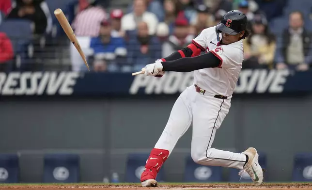 Cleveland Guardians' Bo Naylor breaks his bat as he grounds out in the third inning of a baseball game against the Minnesota Twins in Cleveland, Wednesday, April 30, 2025. (AP Photo/Sue Ogrocki)