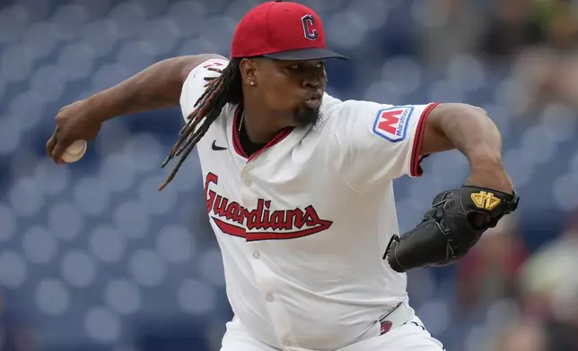 Cleveland Guardians' Luis Ortiz pitches in the first inning of a baseball game against the Minnesota Twins in Cleveland, Wednesday, April 30, 2025. (AP Photo/Sue Ogrocki)