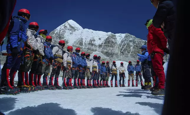 Indian Army personnel take part in a training session at Everest Base Camp before beginning their ascent to Mount Everest in Nepal, April 26, 2025. (AP Photo/Pasang Rinzee Sherpa)