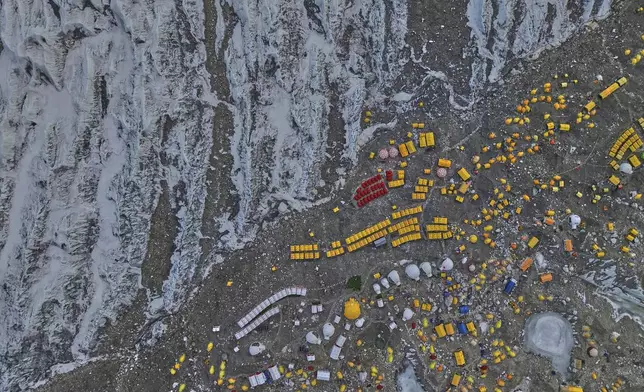An aerial view shows Everest Base Camp on the way to the summit of Mount Everest in Nepal, April 26, 2025. (AP Photo/Pasang Rinzee Sherpa)
