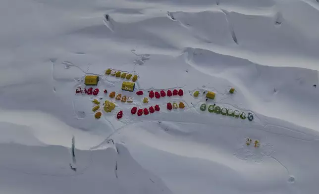 An aerial view shows Camp 1 on the way to the summit of Mount Everest in Nepal, Thursday, May 1, 2025. (AP Photo/Pasang Rinzee Sherpa)