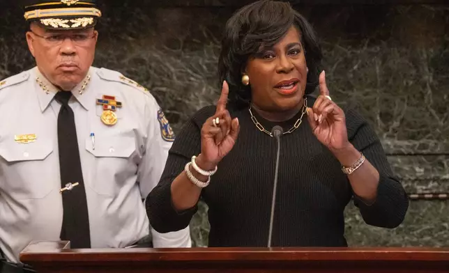 Philadelphia Mayor Cherelle L. Parker speaks at a press conference about a mass shooting that erupted at Fairmount Park on Memorial Day, in Philadelphia, May 27, 2025. (Jessica Griffin/The Philadelphia Inquirer via AP)