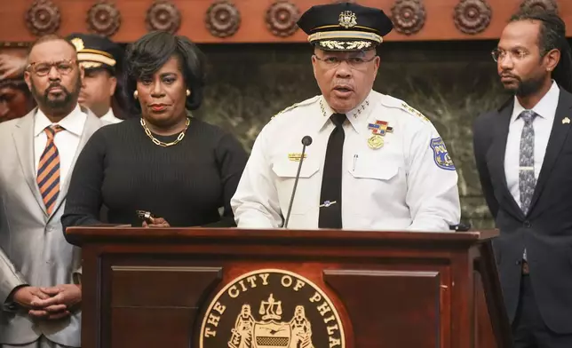 Philadelphia Police Commissioner Kevin J. Bethel speaks at a press conference about a mass shooting that erupted at Lemon Hill on Memorial Day, in Philadelphia, Tuesday, May 27, 2025. (Jessica Griffin/The Philadelphia Inquirer via AP)