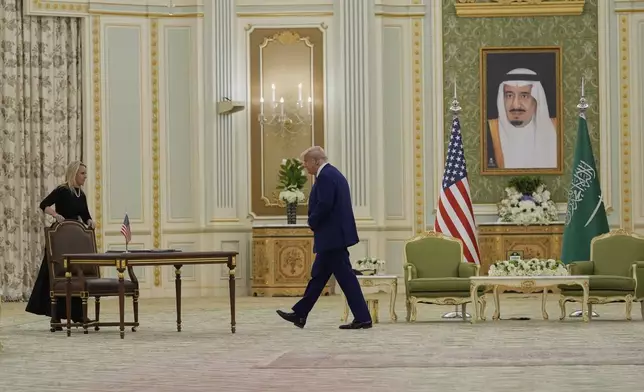 President Donald Trump arrives to sign documents during a signing ceremony at the Royal Palace in Riyadh, Saudi Arabia, Tuesday, May 13, 2025. (AP Photo/Alex Brandon)