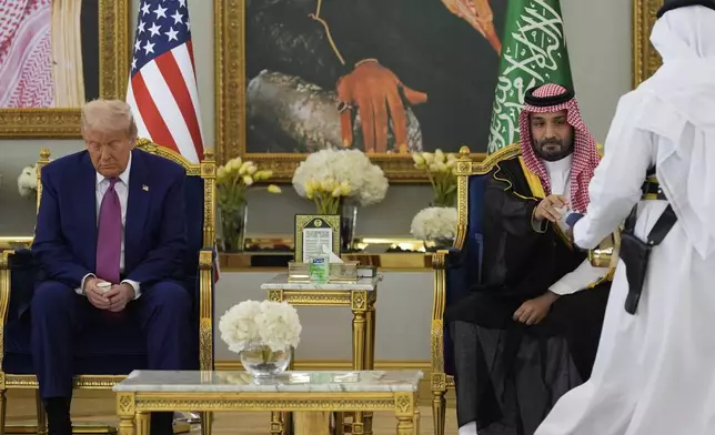 President Donald Trump and Saudi Crown Prince Mohammed bin Salman during a coffee ceremony at the Royal Terminal of King Khalid International Airport in Riyadh, Saudi Arabia, Tuesday, May 13, 2025.(AP Photo/Alex Brandon)