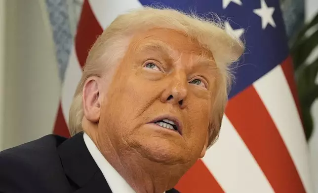 President Donald Trump gestures as meets Qatar's Emir Sheikh Tamim bin Hamad Al Thani at the Amiri Diwan in Doha, Qatar, Wednesday, May 14, 2025. (AP Photo/Alex Brandon)