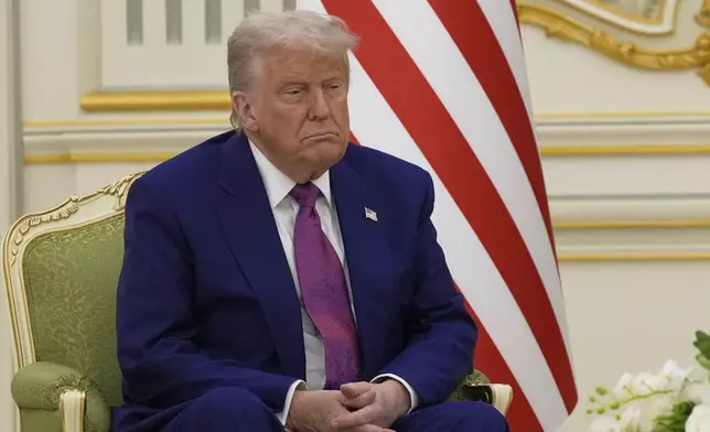 President Donald Trump attends a meeting with Saudi Crown Prince Mohammed bin Salman at the Royal Palace in Riyadh, Saudi Arabia, Tuesday, May 13, 2025. (AP Photo/Alex Brandon)