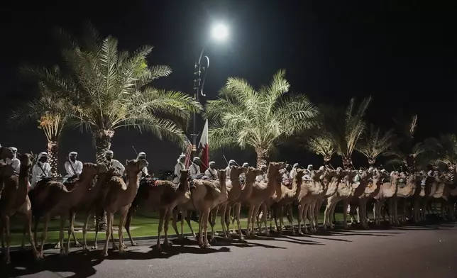 Guards sit on camels outside Lusail Palace as President Donald Trump and Qatar's Emir Sheikh Tamim bin Hamad Al Thani prepare to attend a state dinner in Doha, Qatar, Wednesday, May 14, 2025. (AP Photo/Alex Brandon)