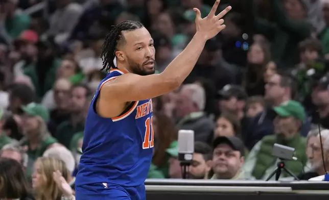 New York Knicks guard Jalen Brunson celebrates after hitting a 3-point basket against the Boston Celtics during Game 1 of an NBA basketball second-round playoff series Monday, May 5, 2025, in Boston. (AP Photo/Charles Krupa)