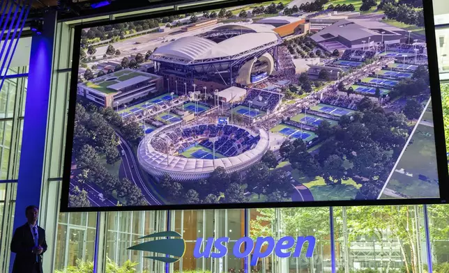 Brian Vahaly, Chairman of the Board and President of USTA speaks at a news conference announcing the redevelopment of Arthur Ashe Stadium and the USTA Billie Jean King National Tennis Center, Monday, May 19, 2025, in New York. (AP Photo/Stefan Jeremiah)