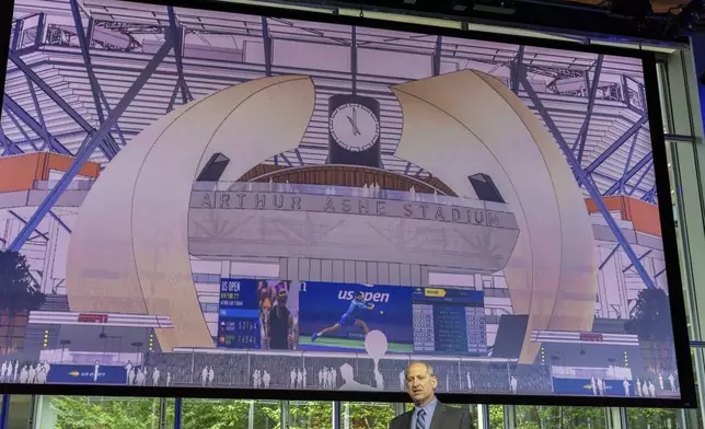 Danny Zausner, Chief Operating Officer of USTA speaks at a news conference announcing the redevelopment of Arthur Ashe Stadium and the USTA Billie Jean King National Tennis Center, Monday, May 19, 2025, in New York. (AP Photo/Stefan Jeremiah)