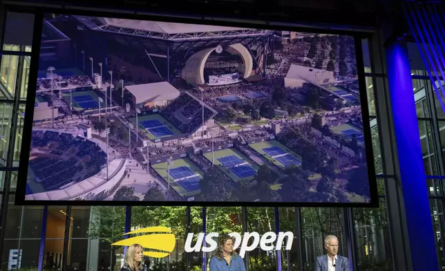 From left to right, Stacey Allaster, chief executive professional tennis USTA and US Open Tournament director, Kim Clijsters and John McEnroe speak at a news conference announcing the redevelopment of Arthur Ashe Stadium and the USTA Billie Jean King National Tennis Center, Monday, May 19, 2025, in New York. (AP Photo/Stefan Jeremiah)