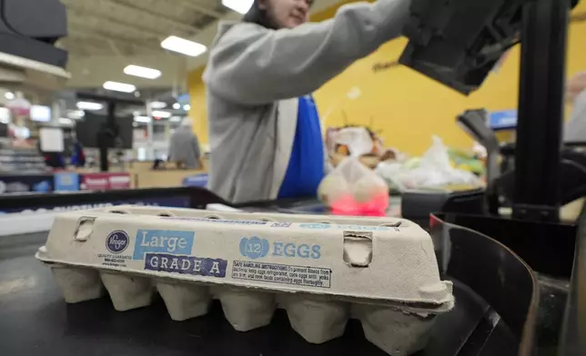 FILE - Cashier Josh Jimenez rings up egg for sale at a grocery store on Friday, Feb. 7, 2025, in Dallas. (AP Photo/LM Otero, File)