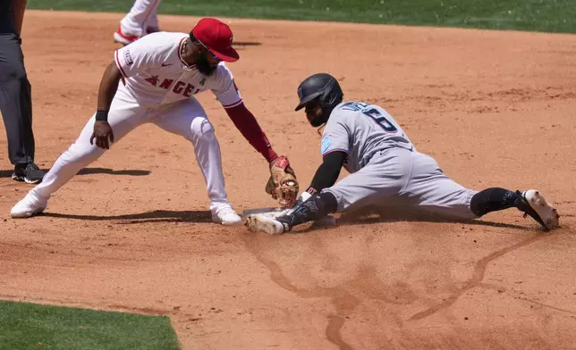 Miami Marlins' Otto Lopez, right, steals second as Los Angeles Angels second baseman Luis Rengifo puts a late tag on him during the fourth inning of a baseball game Sunday, May 25, 2025, in Anaheim, Calif. (AP Photo/Mark J. Terrill)